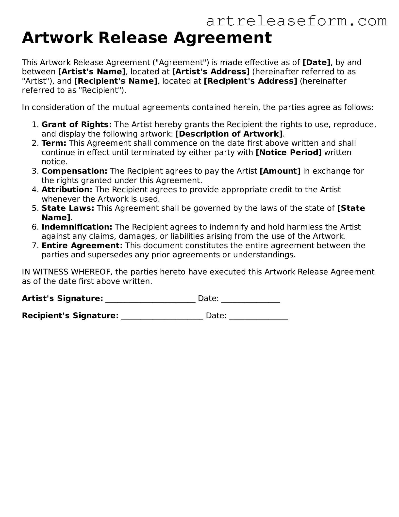 Fillable Artwork Release Document